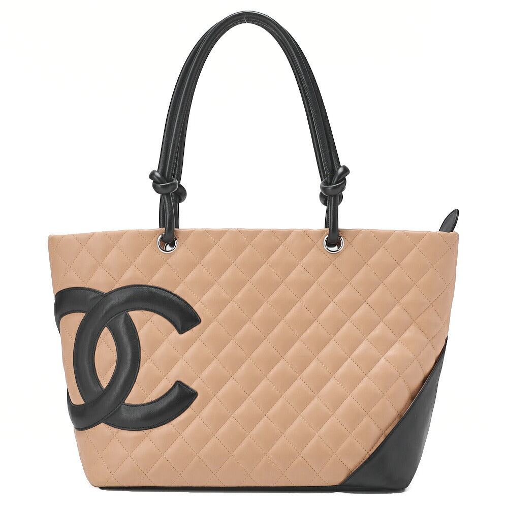 CHANEL Cambon Line Calf Leather Cambon Line Large Beige x Black Tote Bag Silver-Tone Hardware, Pre-Owned