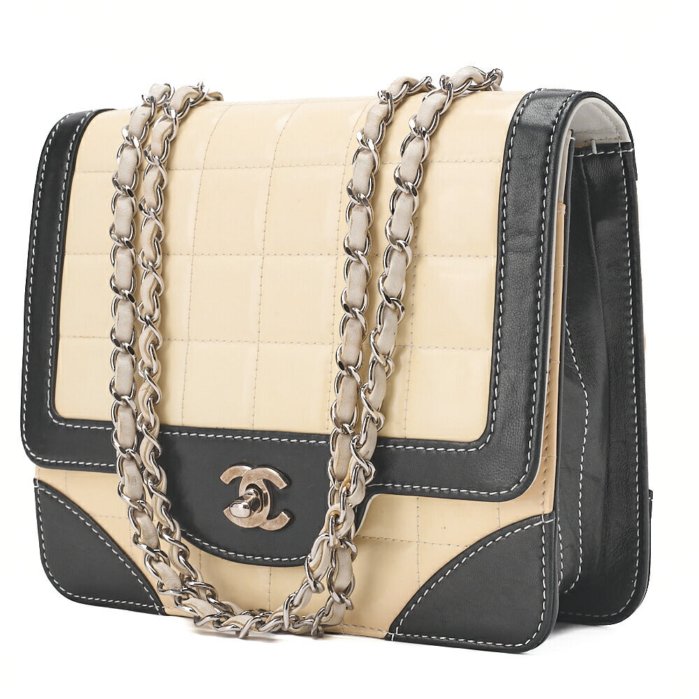 CHANEL Lambskin x Enamel Chocolate Bar Single Chain Shoulder Beige x Black Silver-Tone Hardware, Pre-Owned