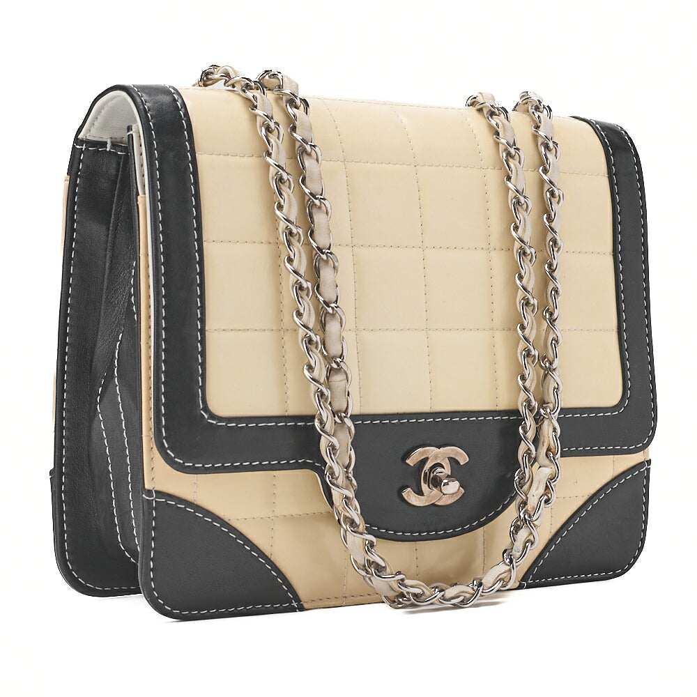 CHANEL Lambskin x Enamel Chocolate Bar Single Chain Shoulder Beige x Black Silver-Tone Hardware, Pre-Owned