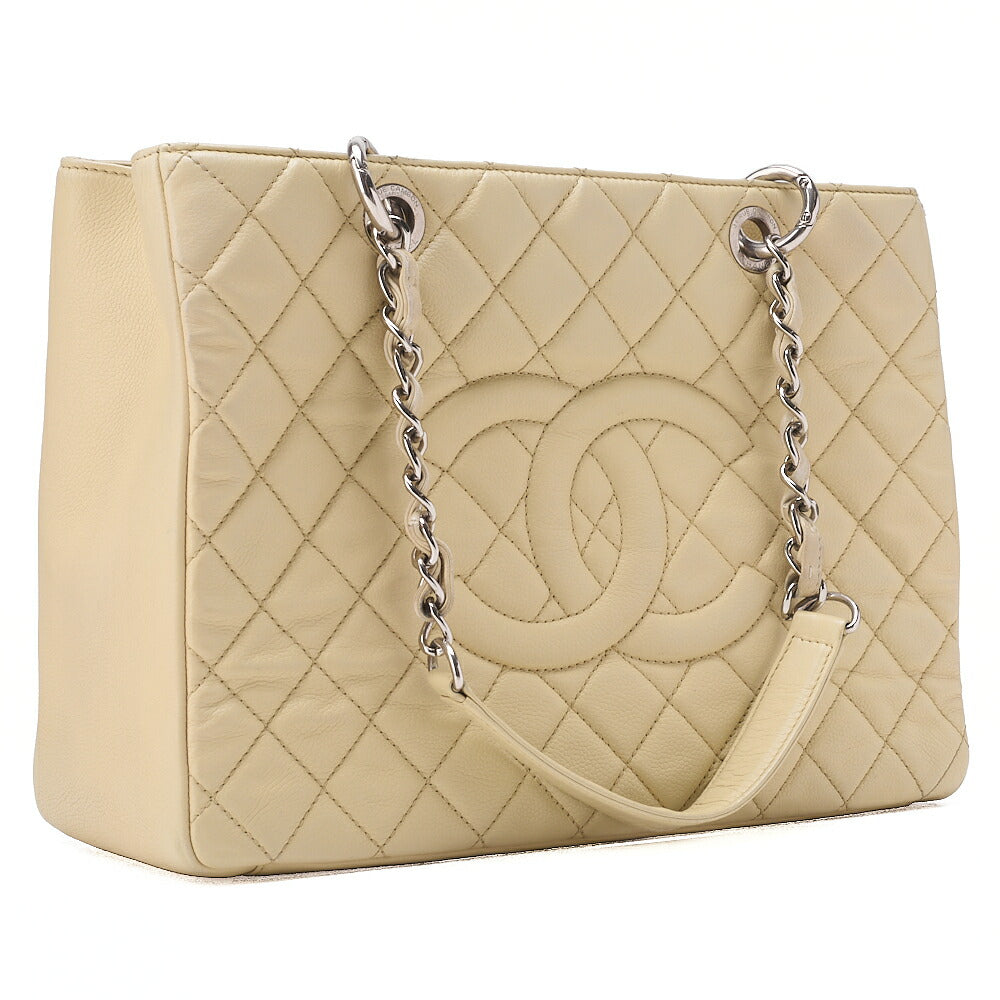 CHANEL Caviar Skin Coco Mark GST Tote Bag Double Chain Tote Beige Silver-Tone Hardware, Pre-Owned