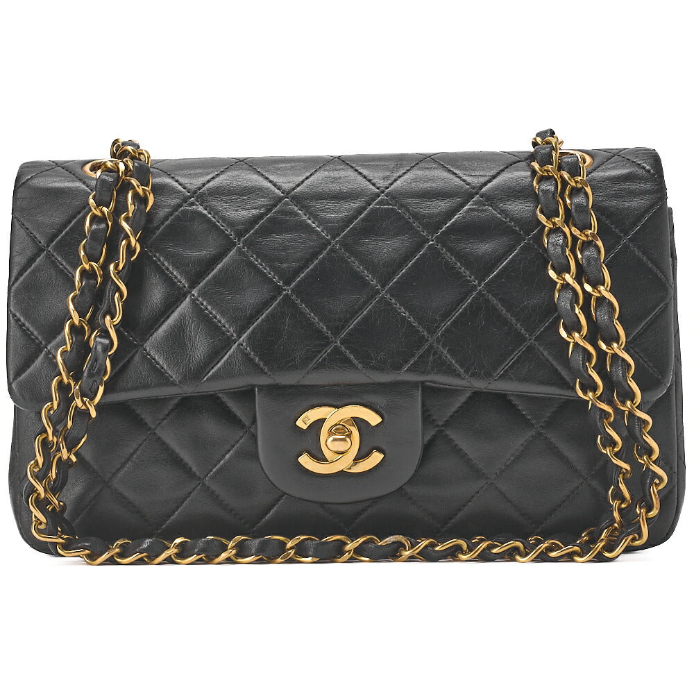CHANEL Lambskin Matelasse W Flap 25 Chain Shoulder Black Gold-Tone Hardware, Pre-Owned
