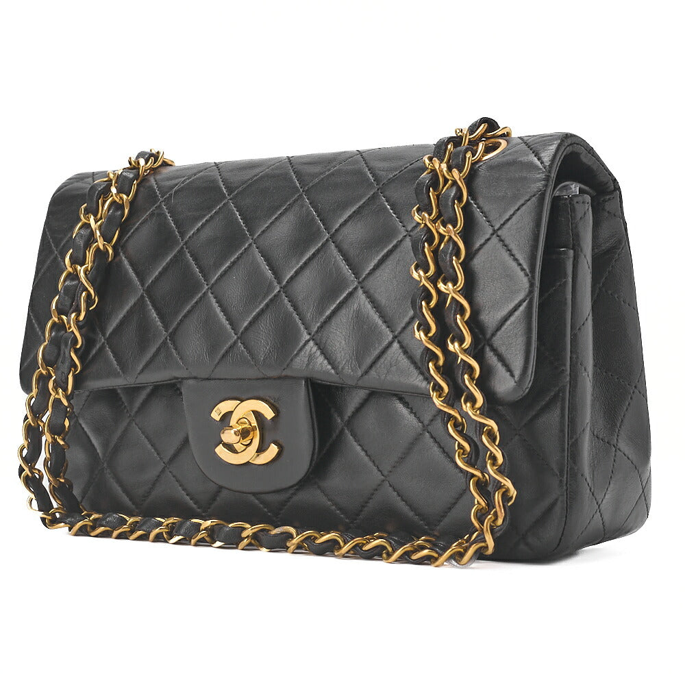 CHANEL Lambskin Matelasse W Flap 25 Chain Shoulder Black Gold-Tone Hardware, Pre-Owned