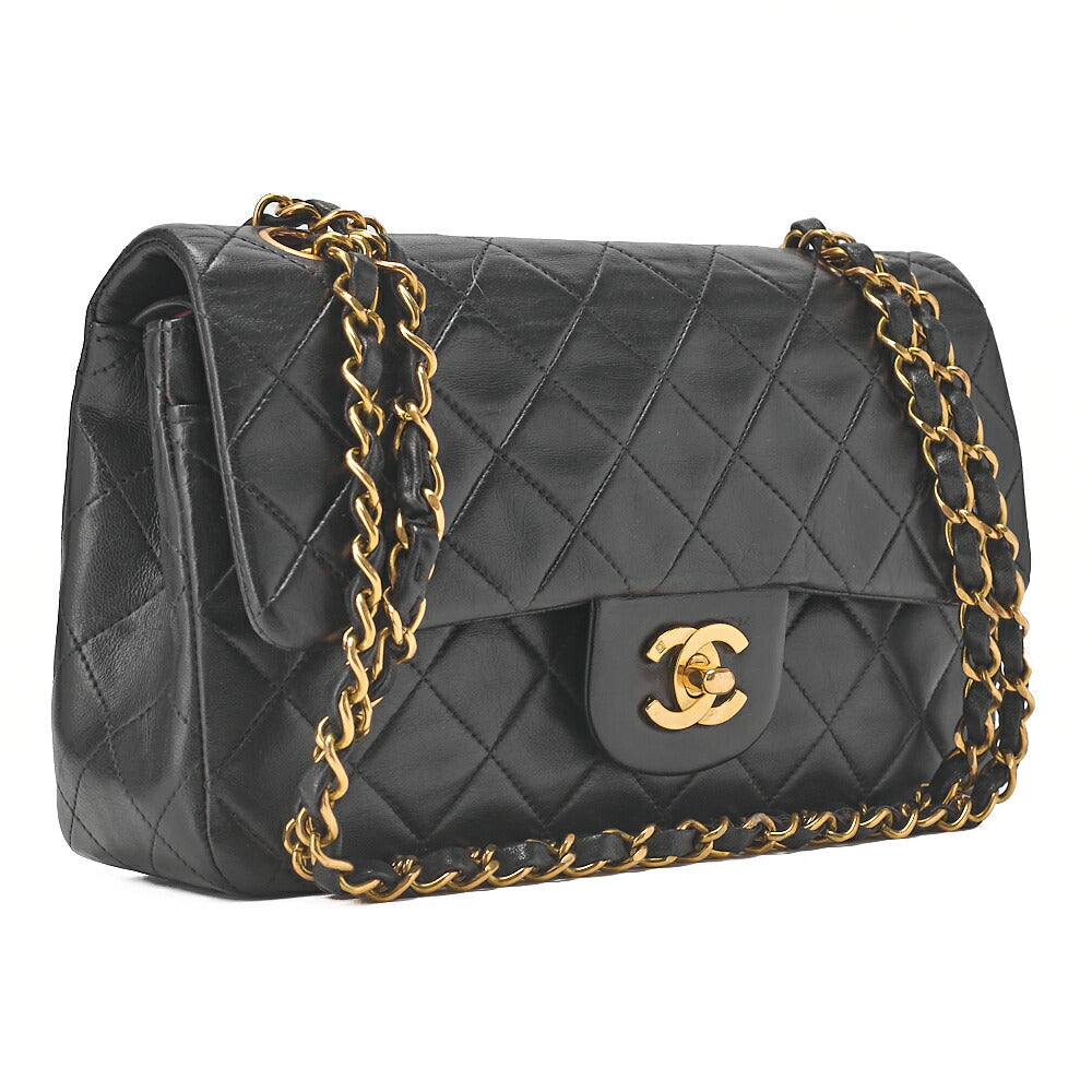 CHANEL Lambskin Matelasse W Flap 25 Chain Shoulder Black Gold-Tone Hardware, Pre-Owned