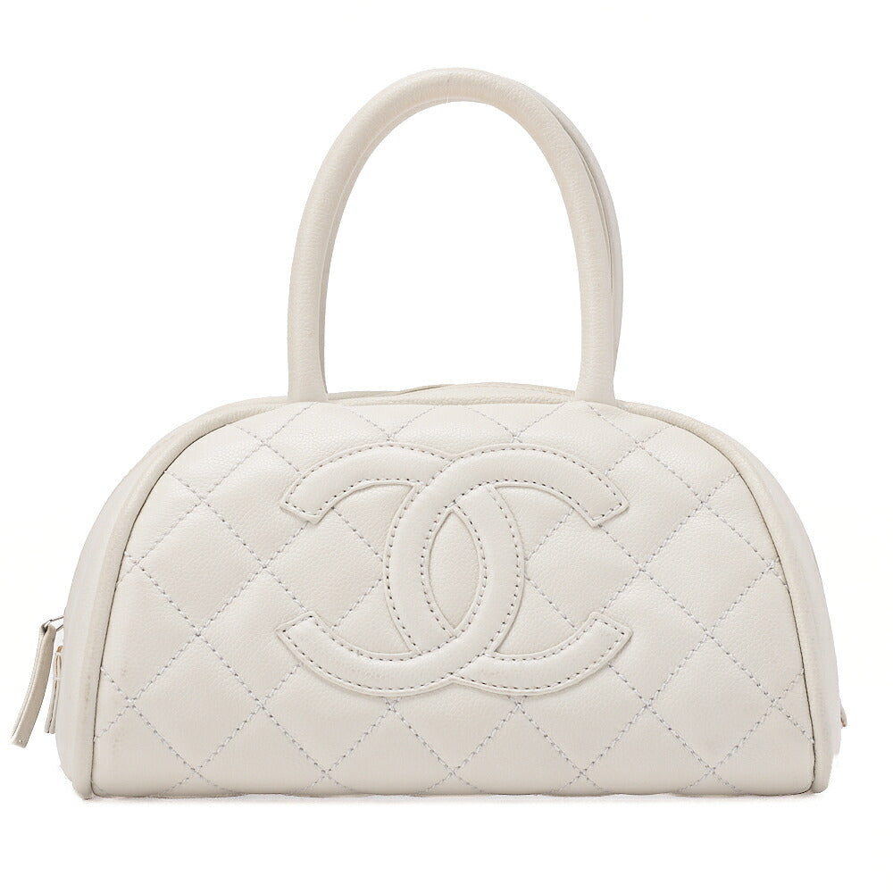 CHANEL Caviar Skin Matelasse Cocomark Handbag Boston Bag White Silver-Tone Hardware, Pre-Owned