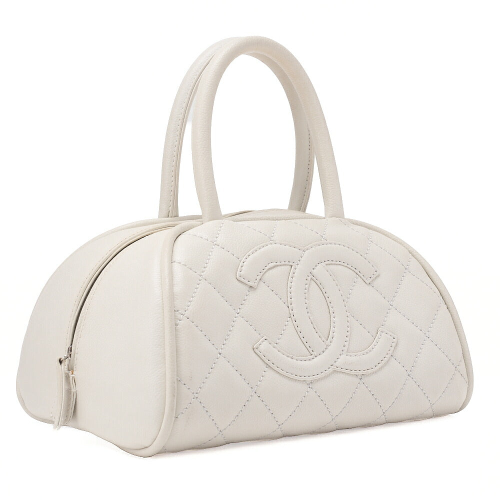 CHANEL Caviar Skin Matelasse Cocomark Handbag Boston Bag White Silver-Tone Hardware, Pre-Owned