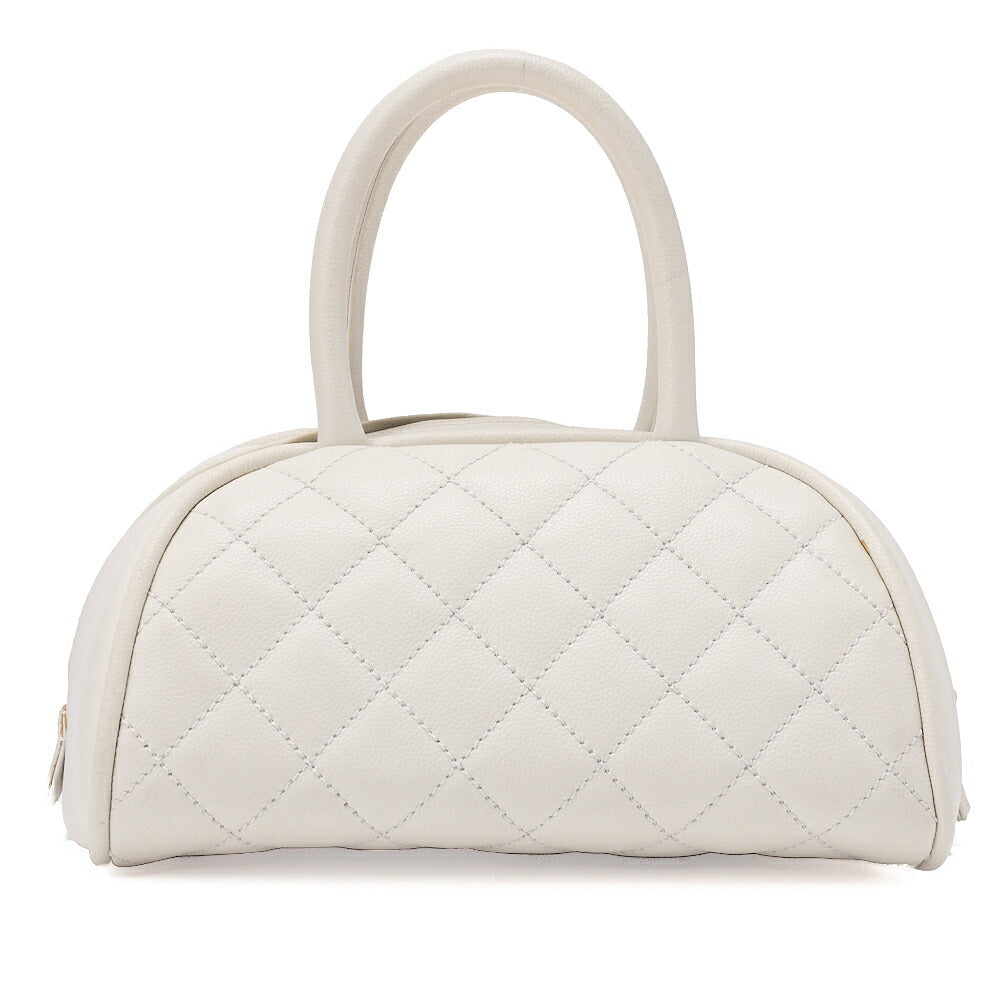 CHANEL Caviar Skin Matelasse Cocomark Handbag Boston Bag White Silver-Tone Hardware, Pre-Owned