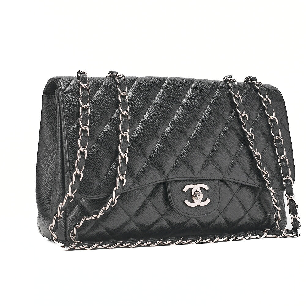 CHANEL Caviar Skin Deca Matelasse 30cm Double Flap Chain Shoulder Bag Black Silver-Tone Hardware, Pre-Owned