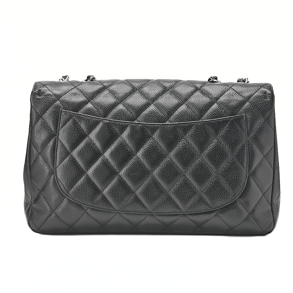 CHANEL Caviar Skin Deca Matelasse 30cm Double Flap Chain Shoulder Bag Black Silver-Tone Hardware, Pre-Owned