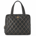 CHANEL Coco Mark Wild Stitch Handbag Calfskin Black Gold-Tone Hardware, Pre-Owned
