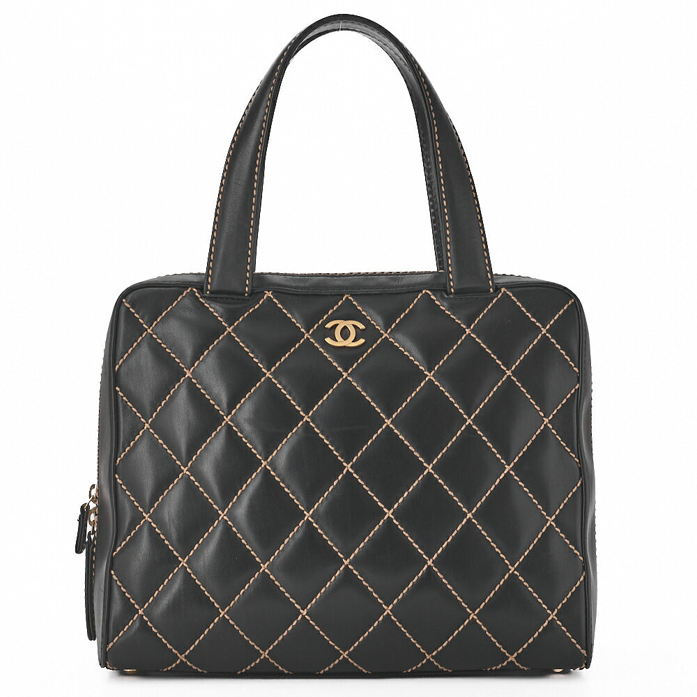 CHANEL Coco Mark Wild Stitch Handbag Calfskin Black Gold-Tone Hardware, Pre-Owned