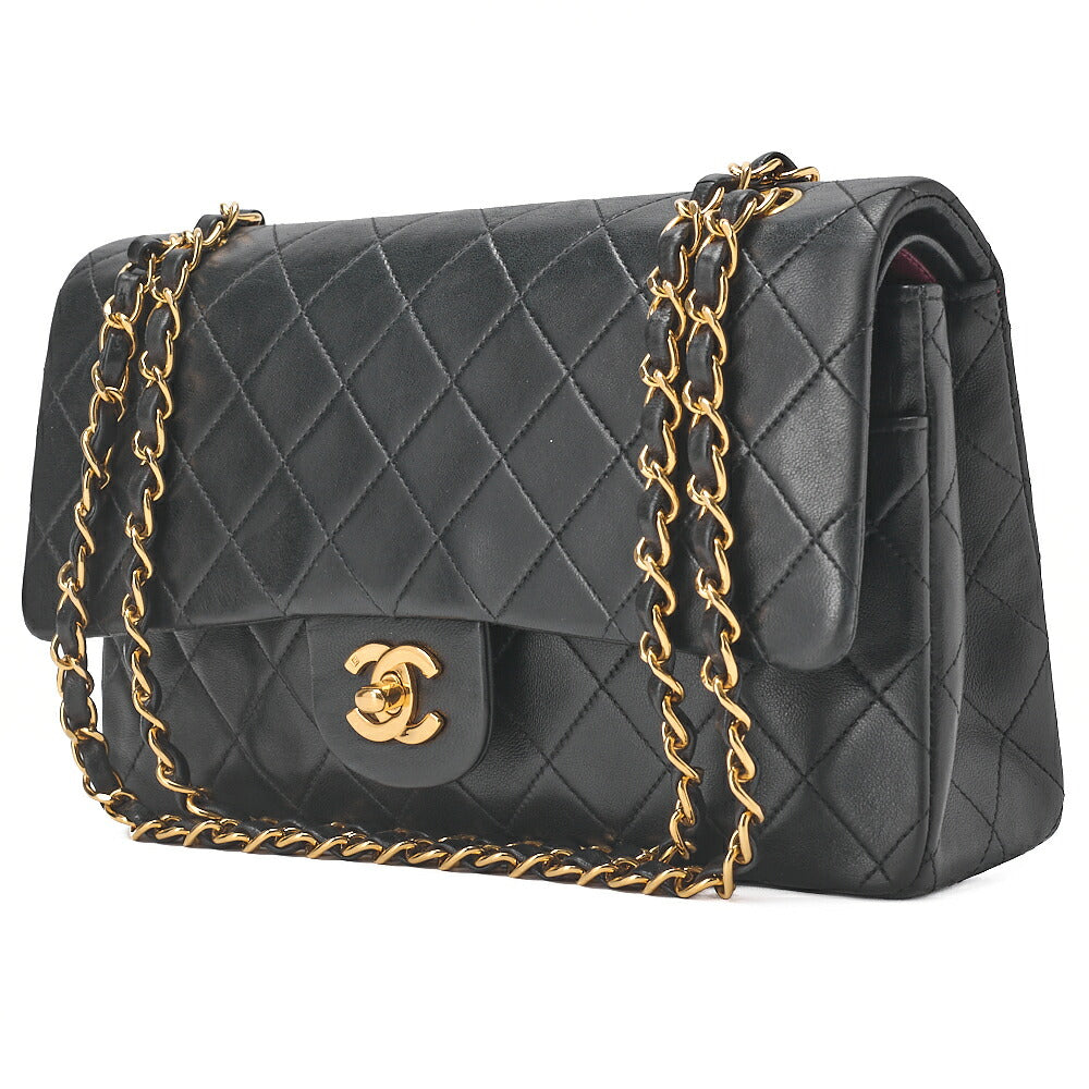 CHANEL Lambskin Matelasse W Flap 25 Chain Shoulder Black Gold-Tone Hardware, Pre-Owned