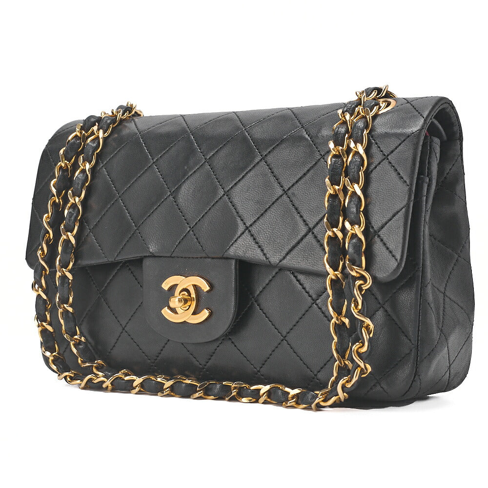 CHANEL Matelasse Double Flap 23cm Chain Shoulder Lambskin Black Gold-Tone Hardware, Pre-Owned