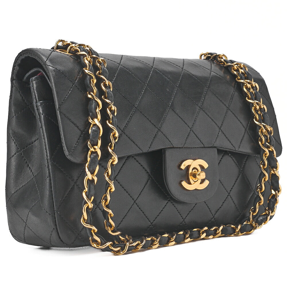 CHANEL Matelasse Double Flap 23cm Chain Shoulder Lambskin Black Gold-Tone Hardware, Pre-Owned
