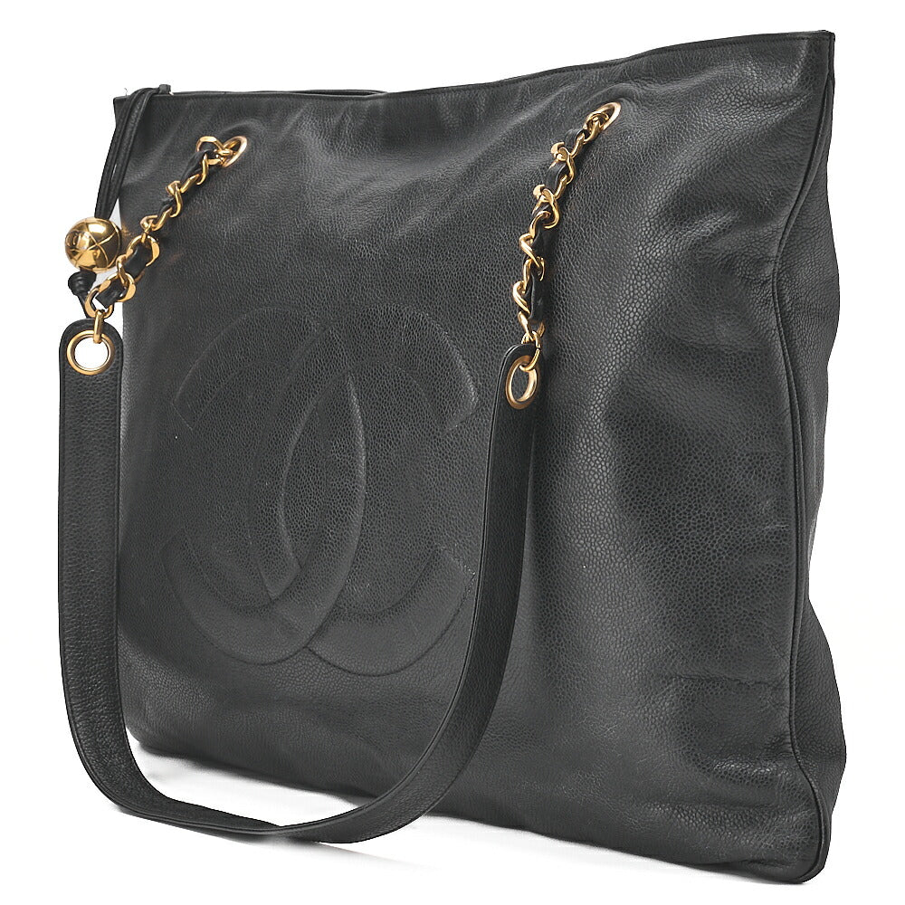 CHANEL Caviar Skin Coco Mark Square Shape Chain Tote Black Gold-Tone Hardware, Pre-Owned