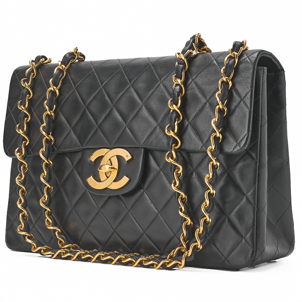 CHANEL Chain Shoulder Bag Deca Matelasse Single Flap 34cm Lambskin Black Gold-Tone Hardware, Pre-Owned