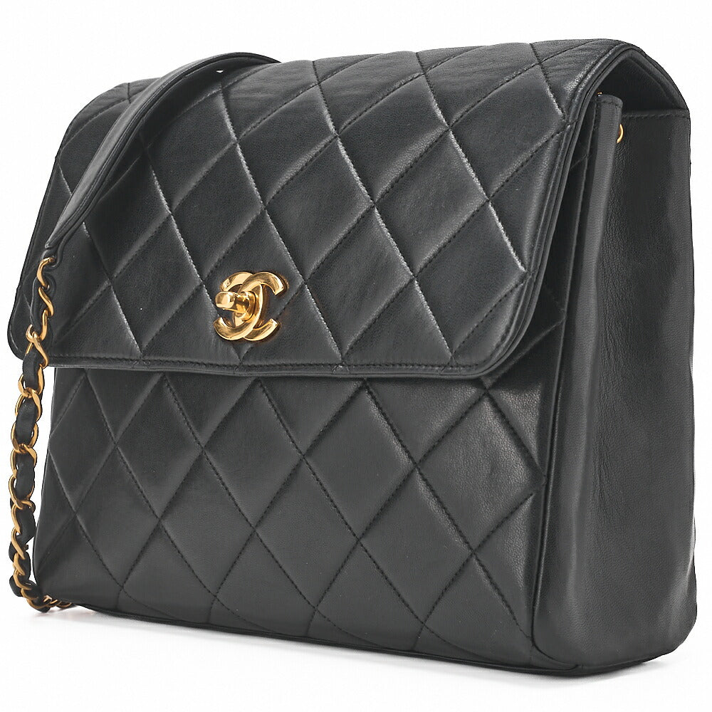 CHANEL Chain Shoulder Bag Square Single Flap Lambskin Black Gold-Tone Hardware, Pre-Owned