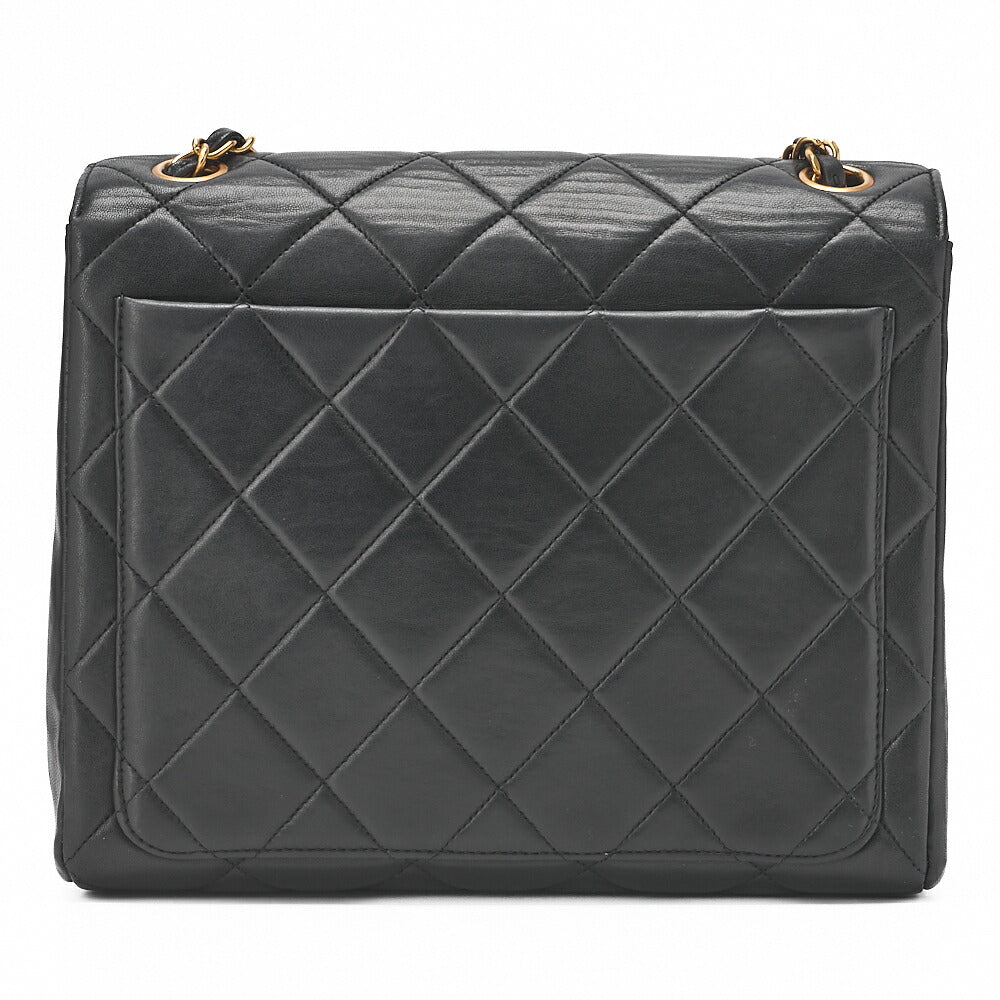 CHANEL Chain Shoulder Bag Square Single Flap Lambskin Black Gold-Tone Hardware, Pre-Owned