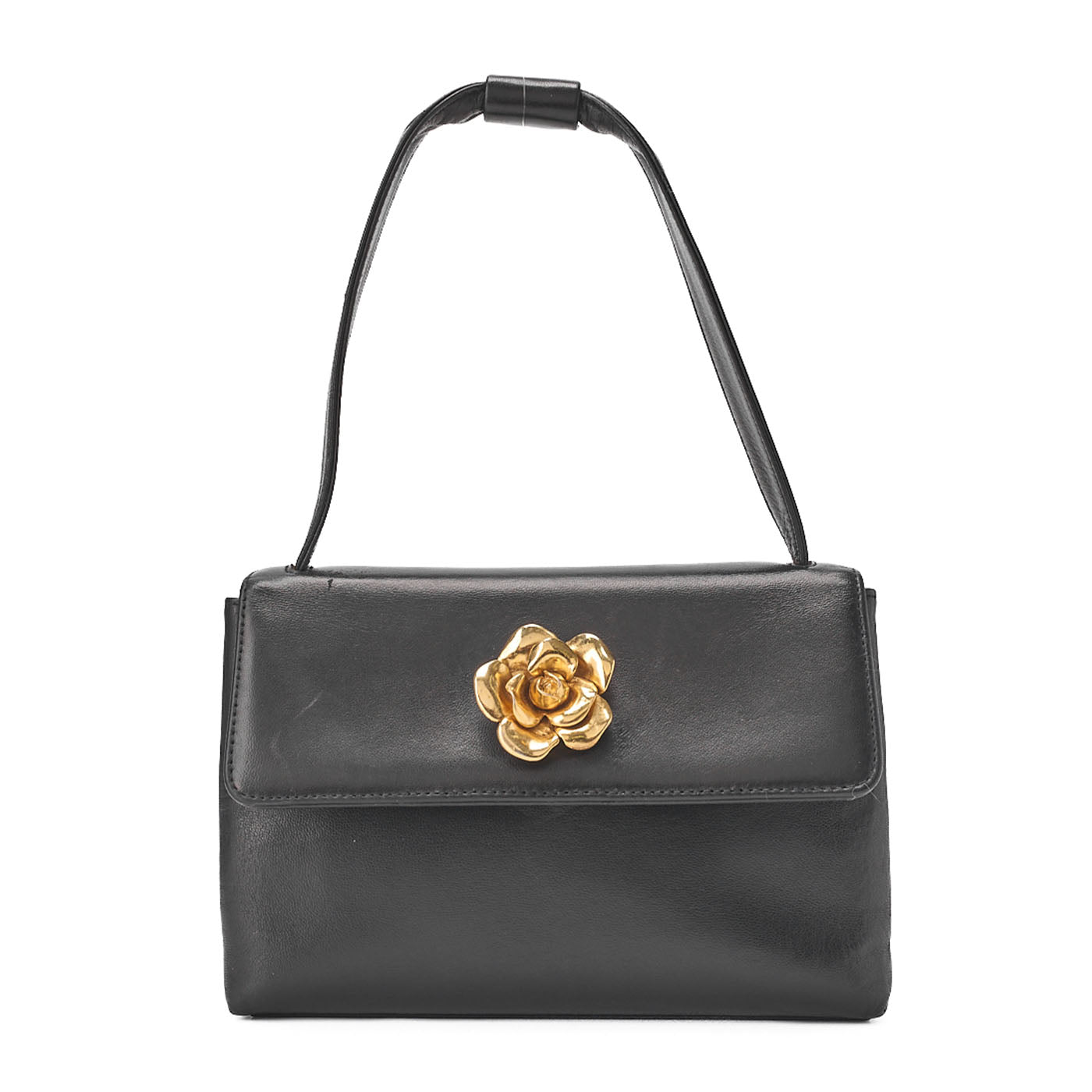 CHANEL Handbag Camellia Leather Black Gold-Tone Hardware, Pre-Owned