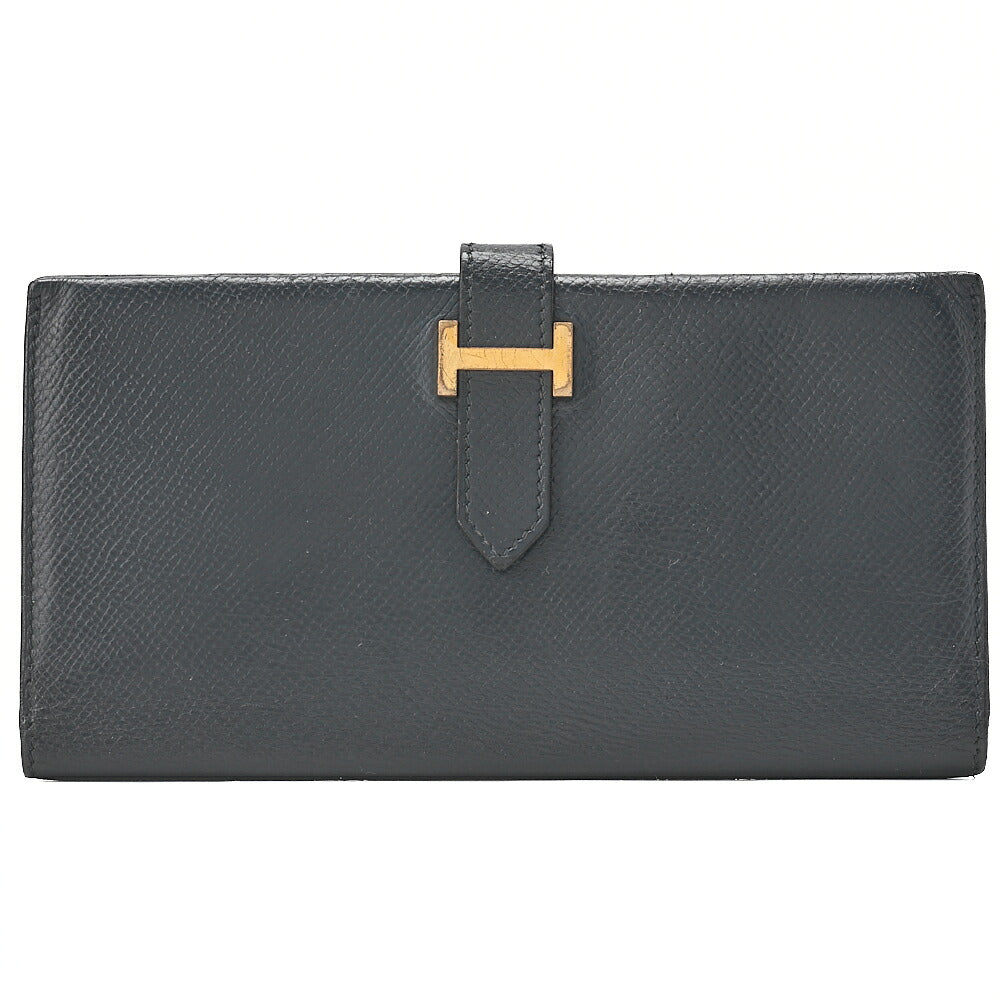 HERMES [Hermes] Bae Classic Bi-fold Long Wallet Kushbel Navy Gold-Tone Hardware, Pre-Owned