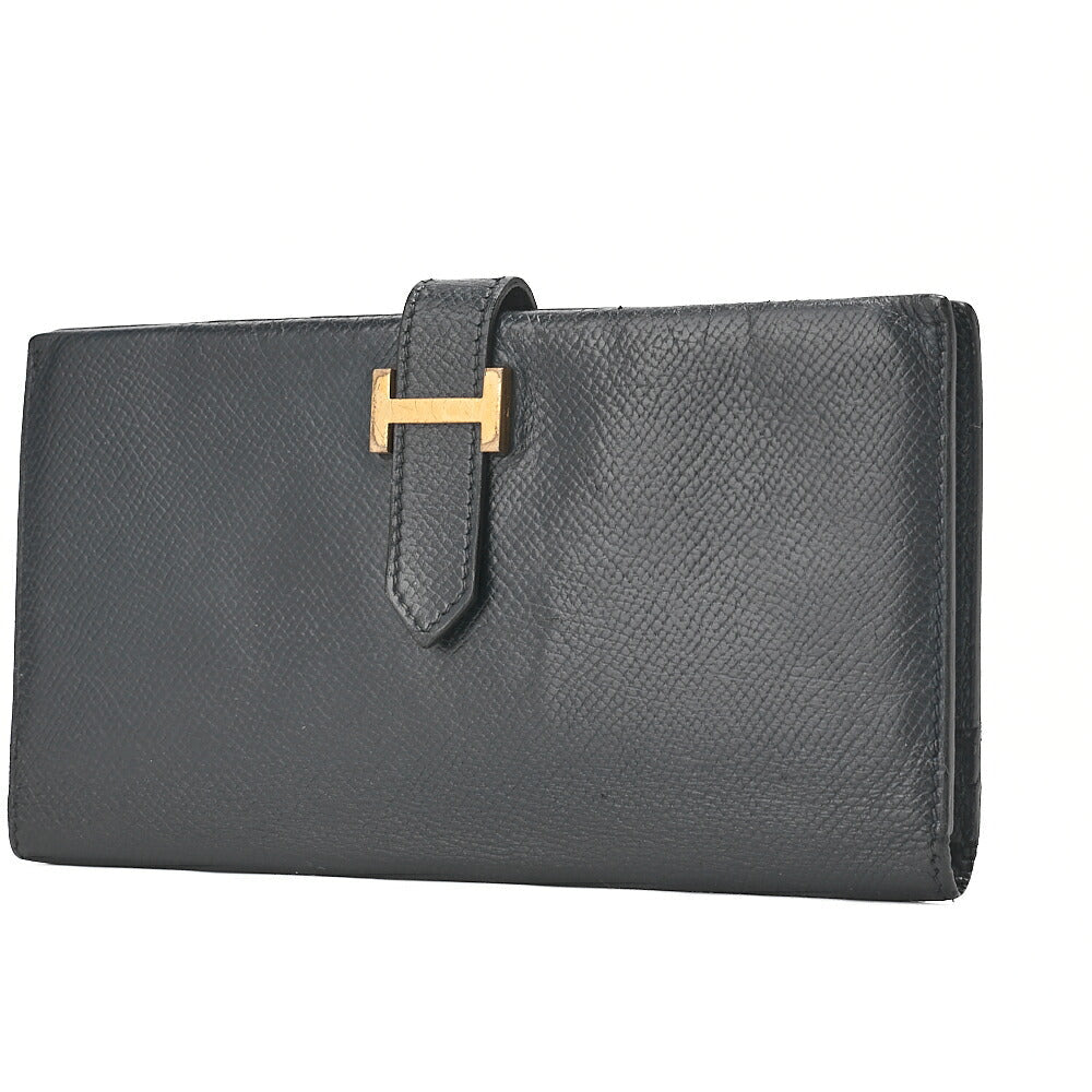 HERMES [Hermes] Bae Classic Bi-fold Long Wallet Kushbel Navy Gold-Tone Hardware, Pre-Owned