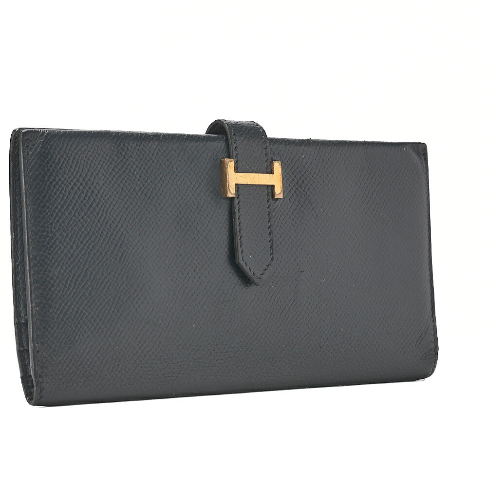 HERMES [Hermes] Bae Classic Bi-fold Long Wallet Kushbel Navy Gold-Tone Hardware, Pre-Owned