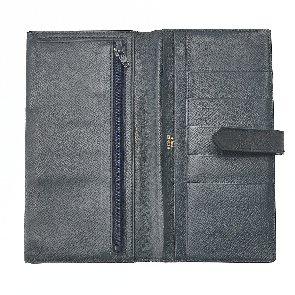 HERMES [Hermes] Bae Classic Bi-fold Long Wallet Kushbel Navy Gold-Tone Hardware, Pre-Owned