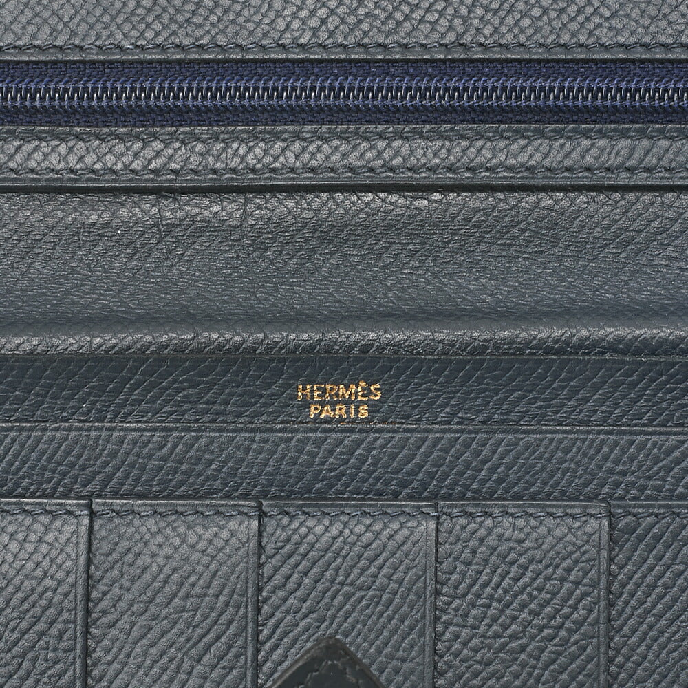 HERMES [Hermes] Bae Classic Bi-fold Long Wallet Kushbel Navy Gold-Tone Hardware, Pre-Owned