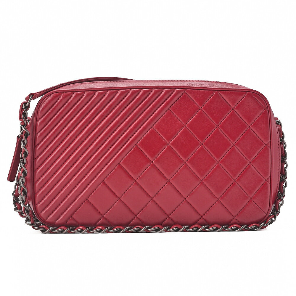 CHANEL Diagonal Stitch Matelasse Coco Charm Chain Shoulder Bag Lambskin Red Silver-Tone Hardware, Pre-Owned