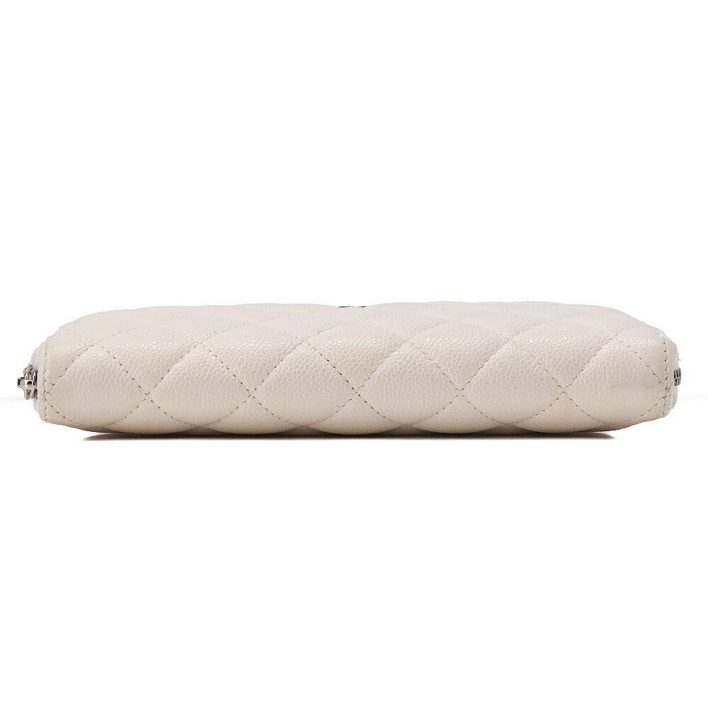 CHANEL Matelasse Round Long Wallet Caviar Skin White Silver-Tone Hardware, Pre-Owned