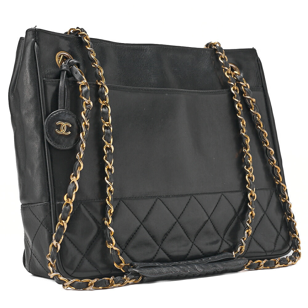 CHANEL Shoulder Bag Matelasse with Charm Double Chain Shoulder Lambskin Black Gold-Tone Hardware, Pre-Owned