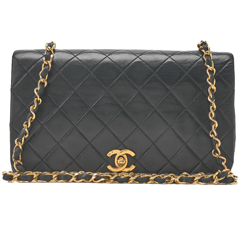 CHANEL Lambskin Matelasse Full Flap 23cm Turnlock Chain Shoulder Black Gold-Tone Hardware, Pre-Owned