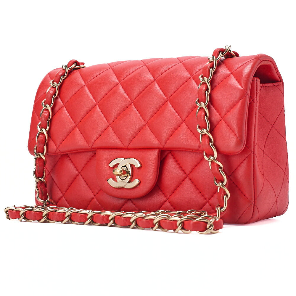 CHANEL Chain Shoulder Bag Mini Matelasse 20cm Lambskin Red Gold-Tone Hardware, Pre-Owned
