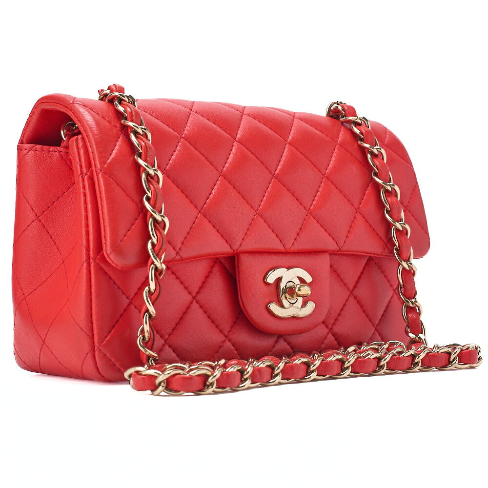 CHANEL Chain Shoulder Bag Mini Matelasse 20cm Lambskin Red Gold-Tone Hardware, Pre-Owned