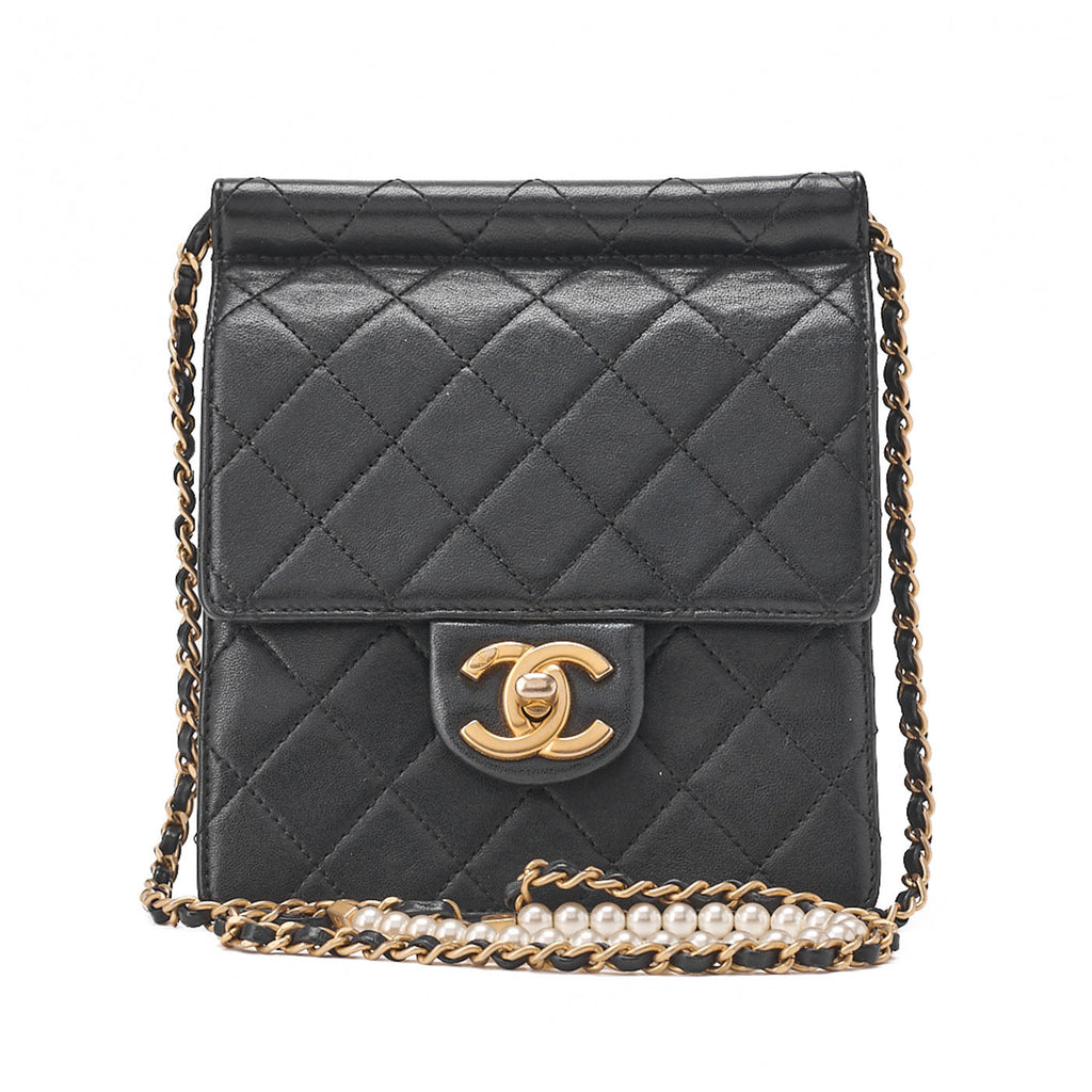CHANEL Chain Shoulder Matelasse Pearl Chain Chain Wallet Lambskin Black Gold-Tone Hardware, Pre-Owned