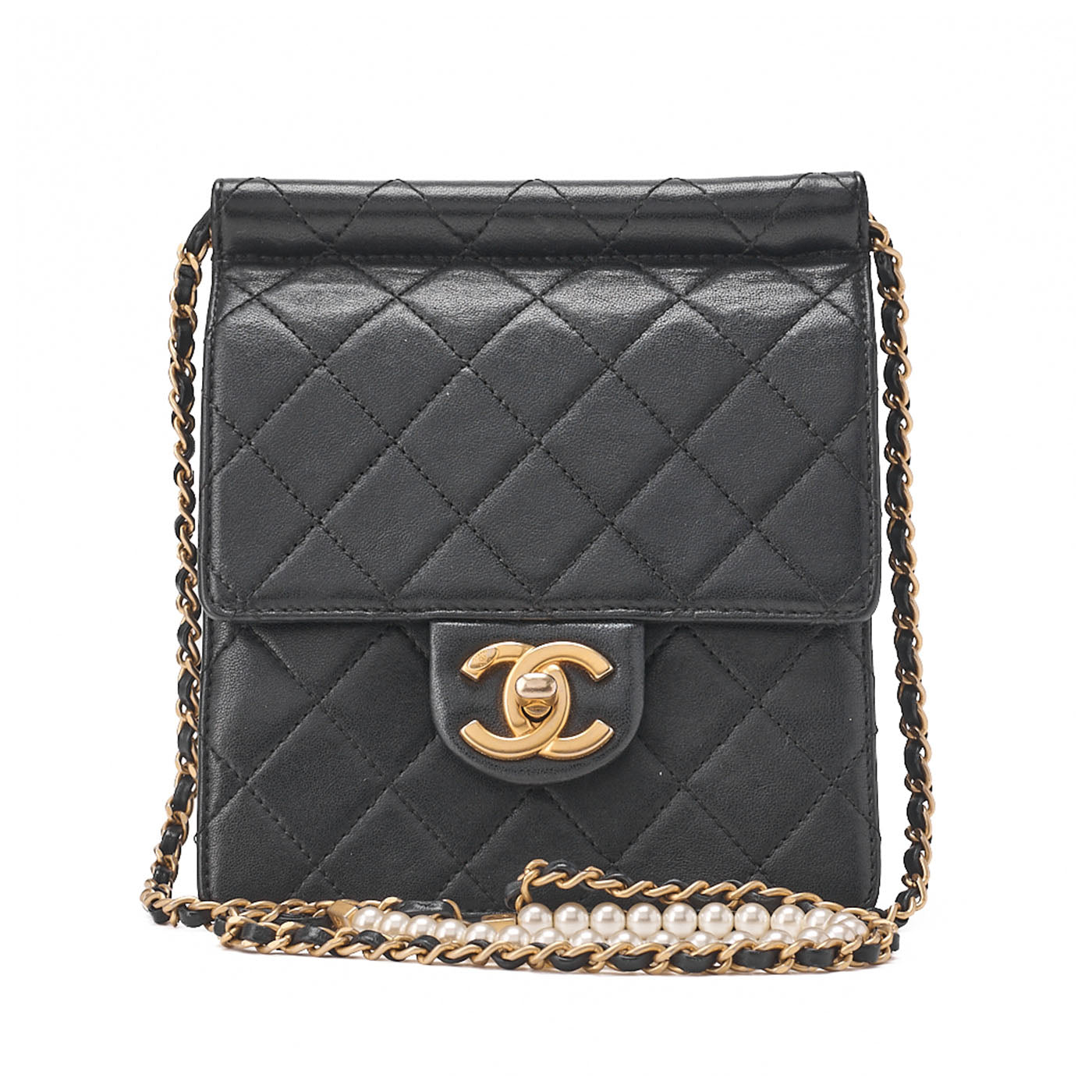 CHANEL Chain Shoulder Matelasse Pearl Chain Chain Wallet Lambskin Black Gold-Tone Hardware, Pre-Owned