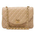 CHANEL Chain Shoulder Bag Matelasse Lambskin Beige Round Flap Gold-Tone Hardware, Pre-Owned