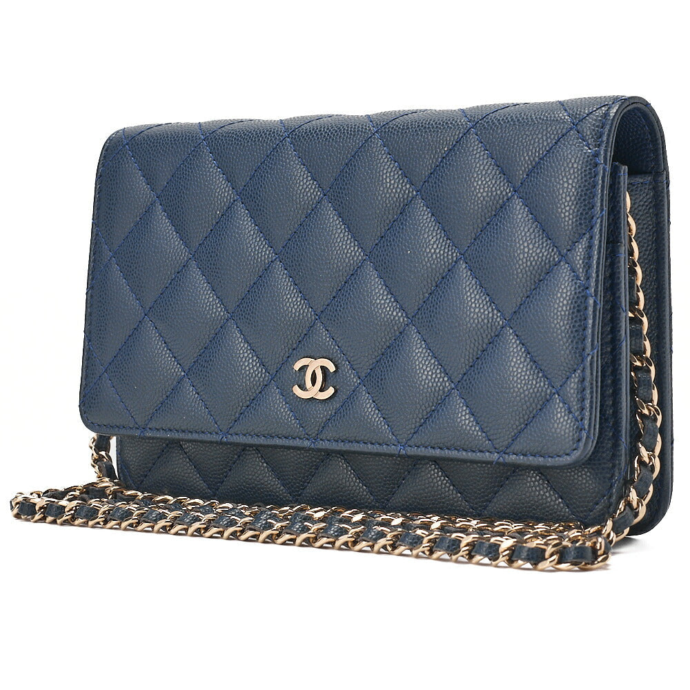 CHANEL Matelasse  Chain Wallet Caviar Skin Navy Gold-Tone Hardware, Pre-Owned