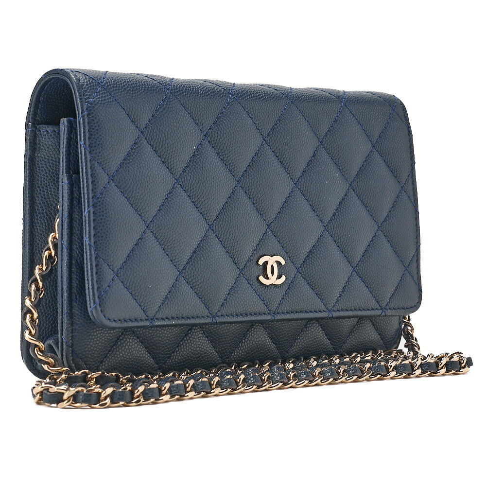 CHANEL Matelasse  Chain Wallet Caviar Skin Navy Gold-Tone Hardware, Pre-Owned