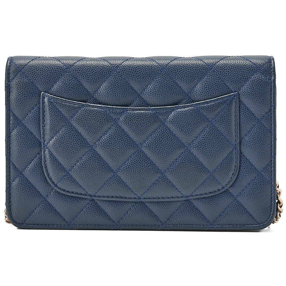 CHANEL Matelasse  Chain Wallet Caviar Skin Navy Gold-Tone Hardware, Pre-Owned