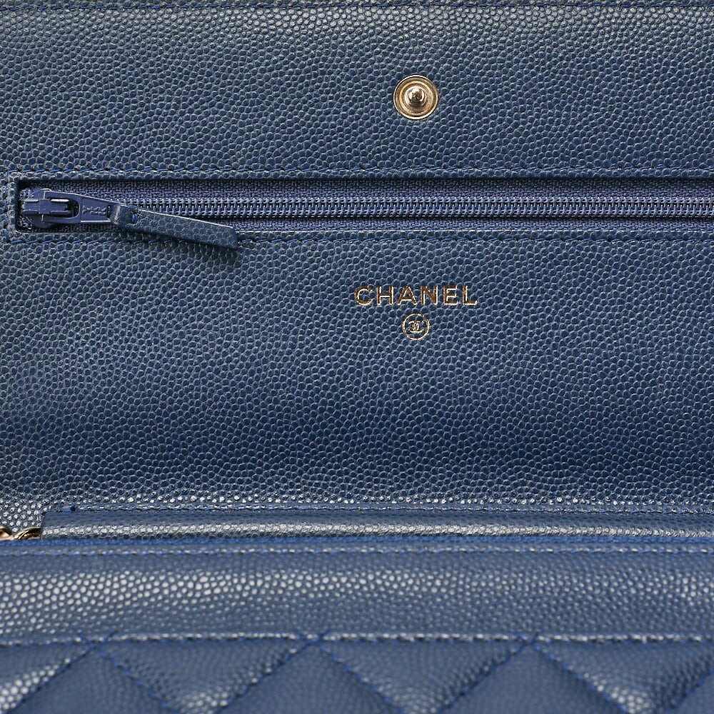 CHANEL Matelasse  Chain Wallet Caviar Skin Navy Gold-Tone Hardware, Pre-Owned
