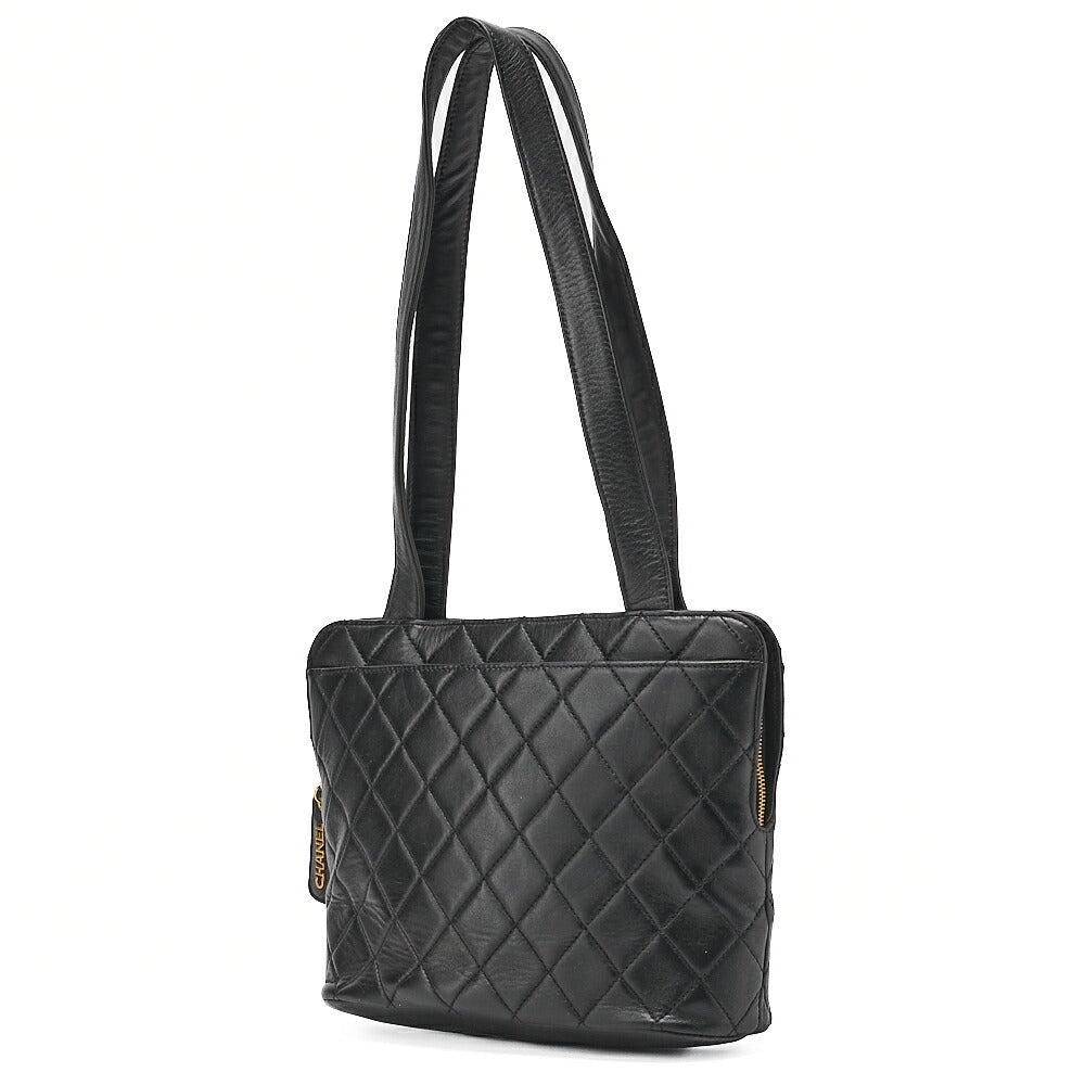 CHANEL Tote Bag Matelasse Logo Charm Black Lambskin Gold-Tone Hardware, Pre-Owned