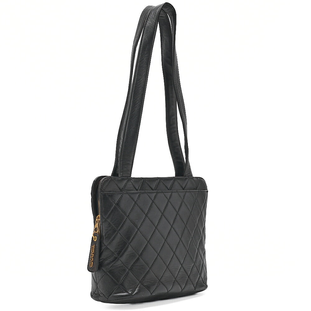 CHANEL Tote Bag Matelasse Logo Charm Black Lambskin Gold-Tone Hardware, Pre-Owned