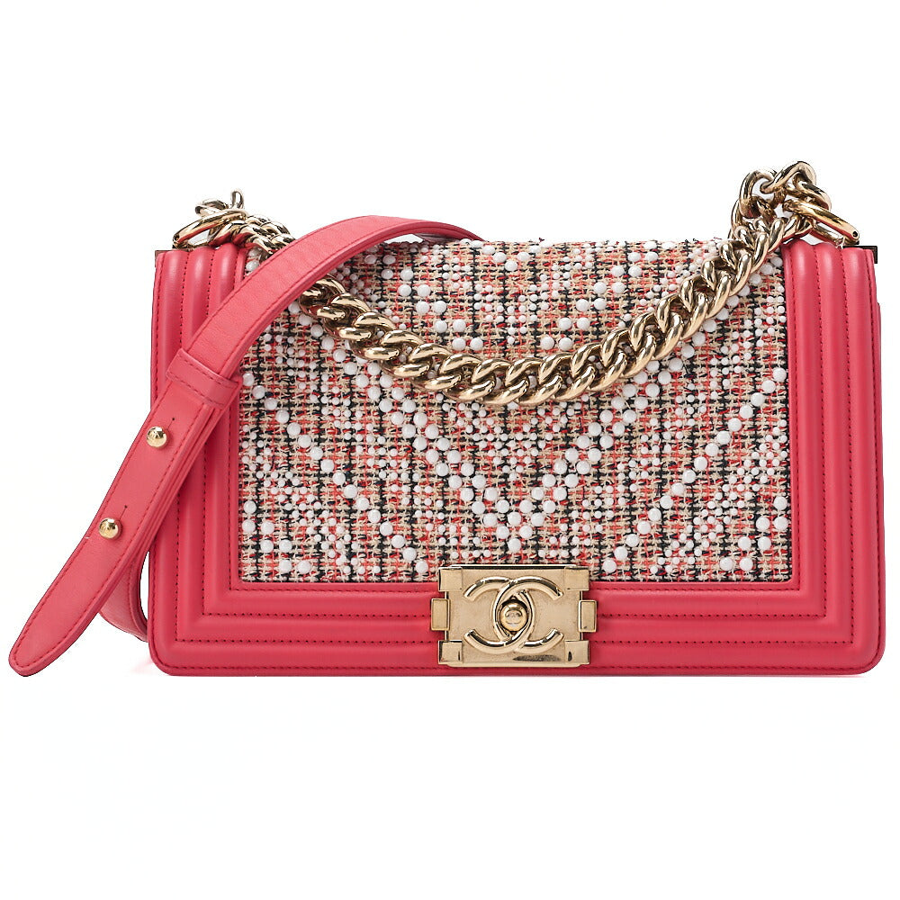 CHANEL Tweed X Studs Boy Chanel V Stitch Chain Shoulder Pink Gold-Tone Hardware, Pre-Owned