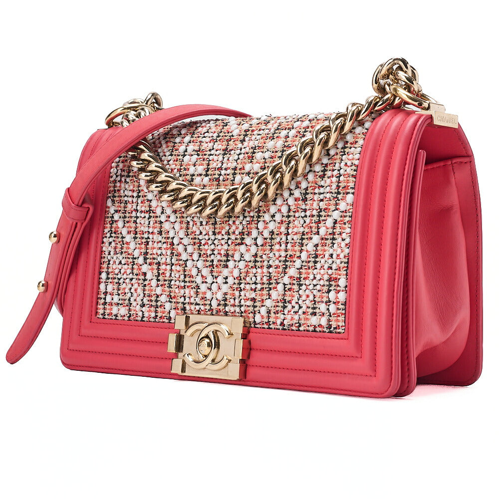 CHANEL Tweed X Studs Boy Chanel V Stitch Chain Shoulder Pink Gold-Tone Hardware, Pre-Owned