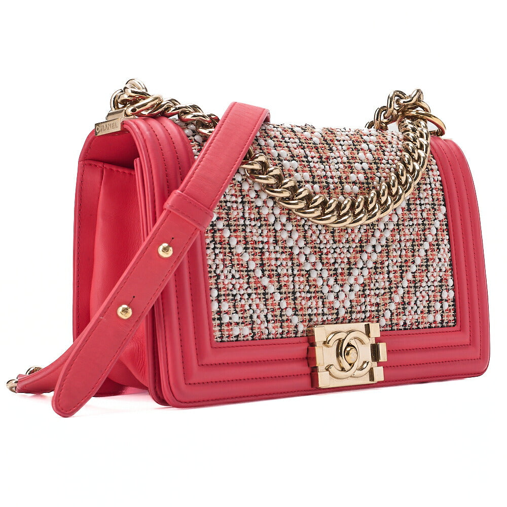 CHANEL Tweed X Studs Boy Chanel V Stitch Chain Shoulder Pink Gold-Tone Hardware, Pre-Owned