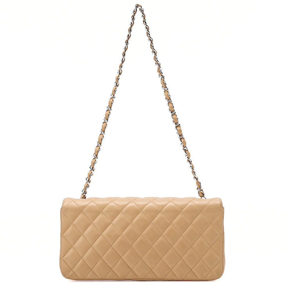 CHANEL Chain Shoulder Bag Matelasse Single Flap Lambskin Beige Silver-Tone Hardware, Pre-Owned