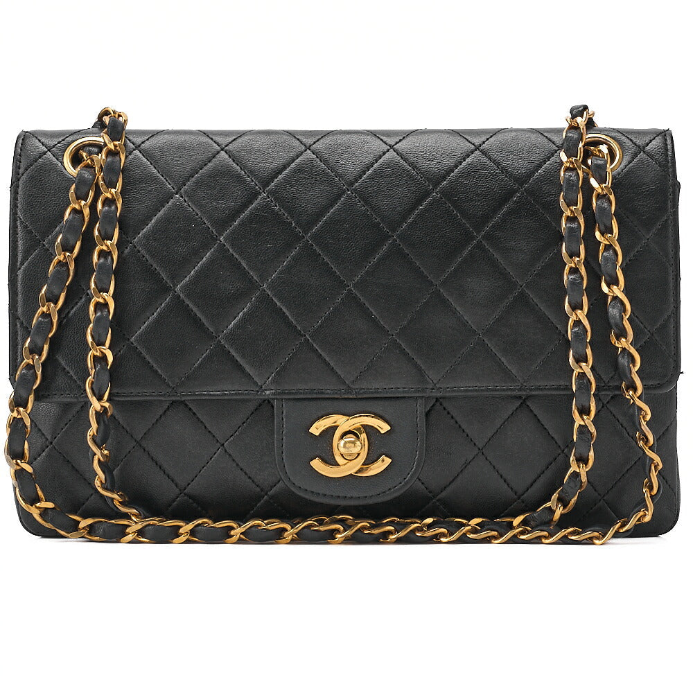 CHANEL Lambskin Matelasse W Straight Flap 25cm Chain Shoulder Black Gold-Tone Hardware, Pre-Owned