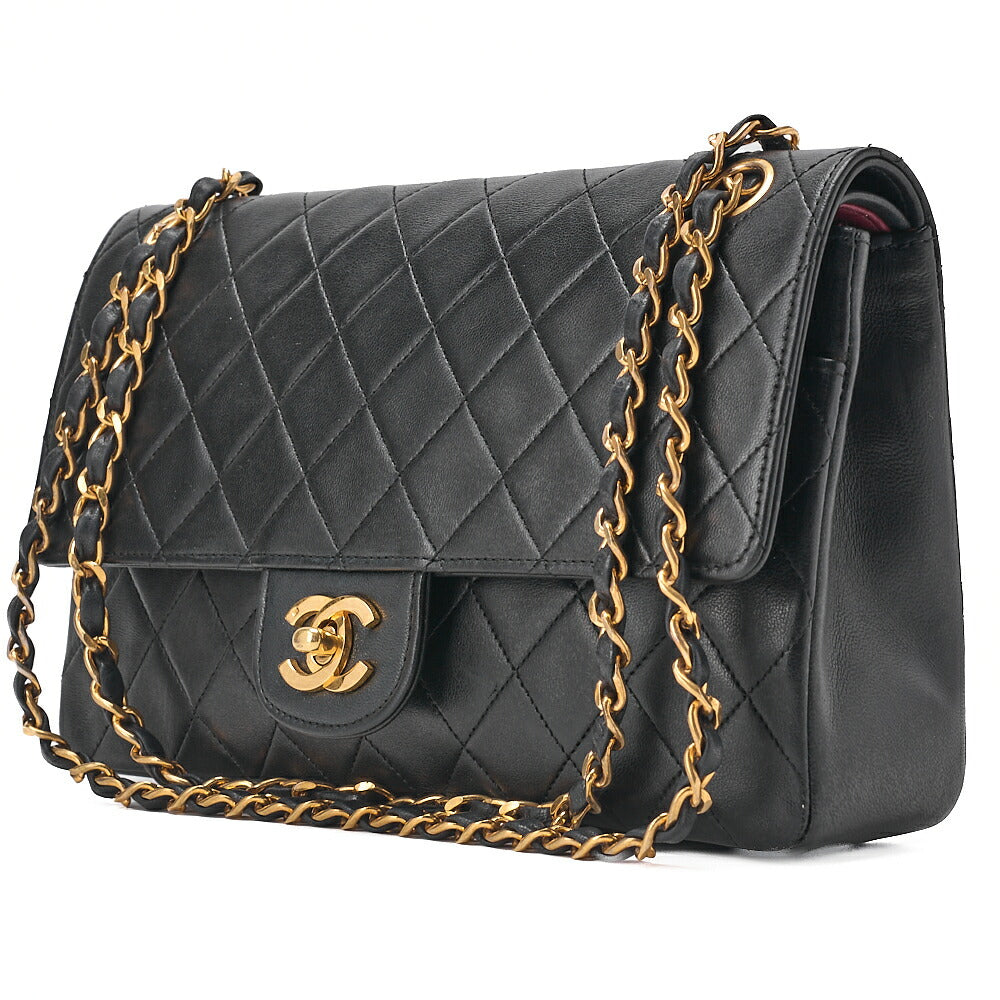 CHANEL Lambskin Matelasse W Straight Flap 25cm Chain Shoulder Black Gold-Tone Hardware, Pre-Owned