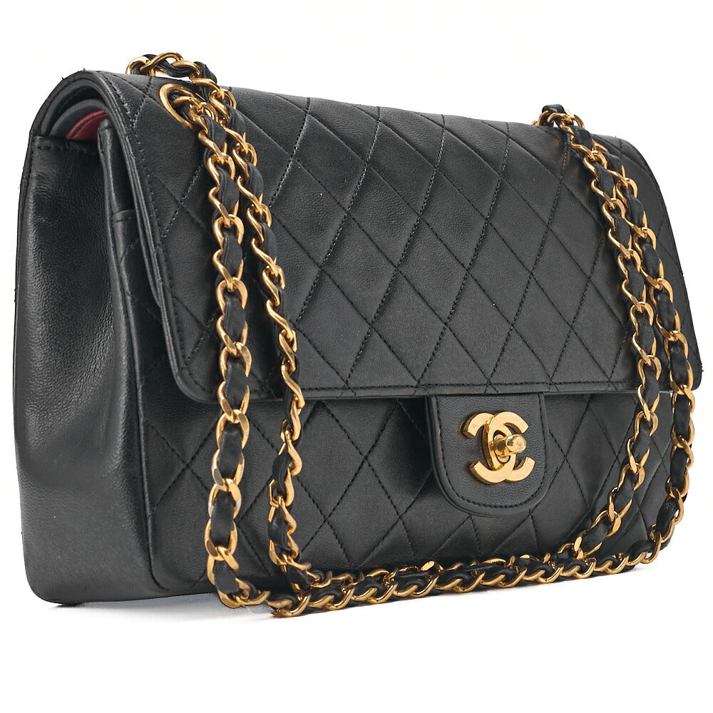 CHANEL Lambskin Matelasse W Straight Flap 25cm Chain Shoulder Black Gold-Tone Hardware, Pre-Owned