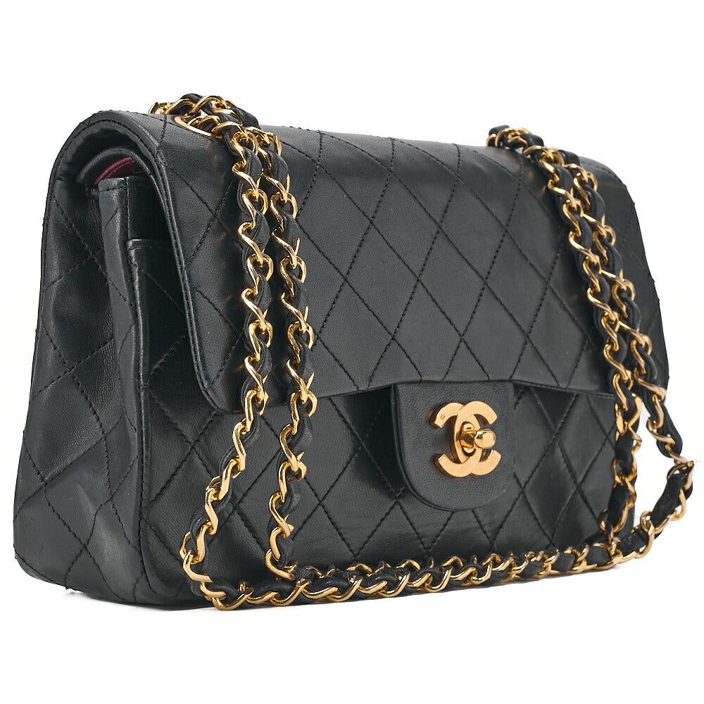 CHANEL Matelasse Double Flap 23cm Chain Shoulder Lambskin Black Gold-Tone Hardware, Pre-Owned